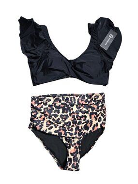 NWT | Mooslover Leopard High Waisted Ruffle Shoulder Ruched Bikini Swimsuit Set